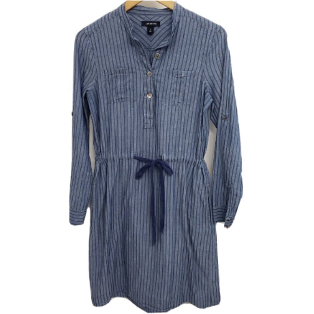 Lands End Women's Size 2 Chambray Striped Shirt Dress Roll Tab Sleeve